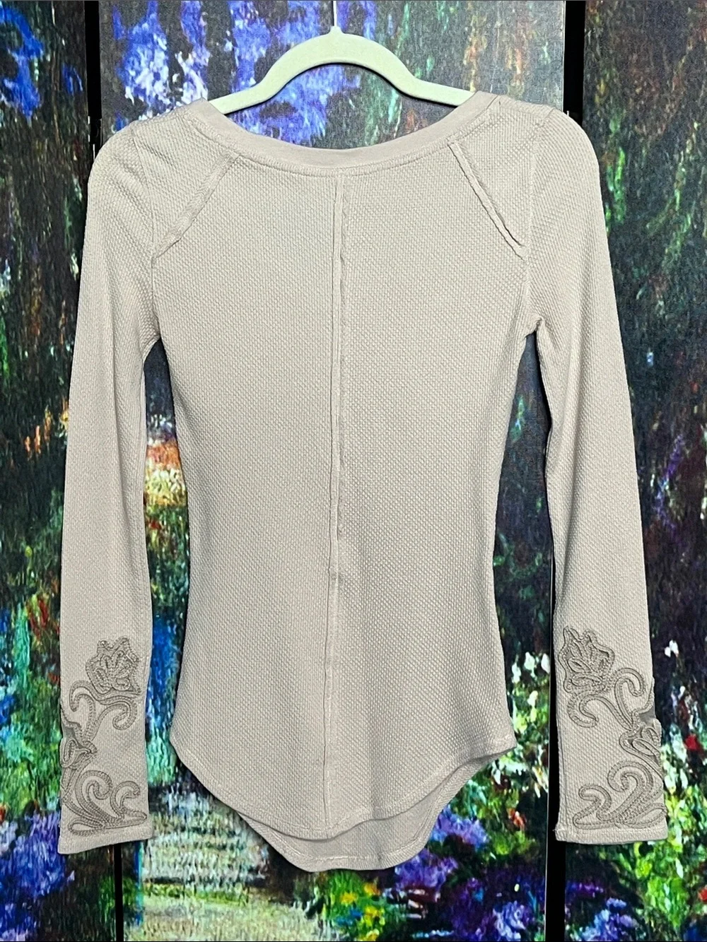 Free People Masquerade Cuff Thermal Top Embroidered Long Sleeve Beige Medium